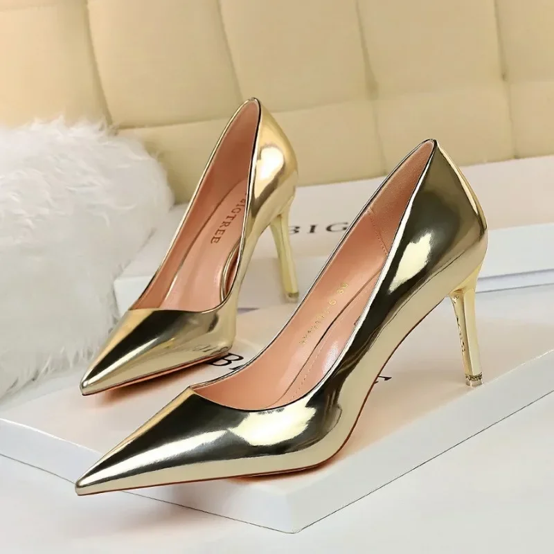 Fashion Spring Autumn Women High Heels Slip On Patent Leather 7.5CM Thin Heels Mature Women Modern Middle Heels Dress Shoes