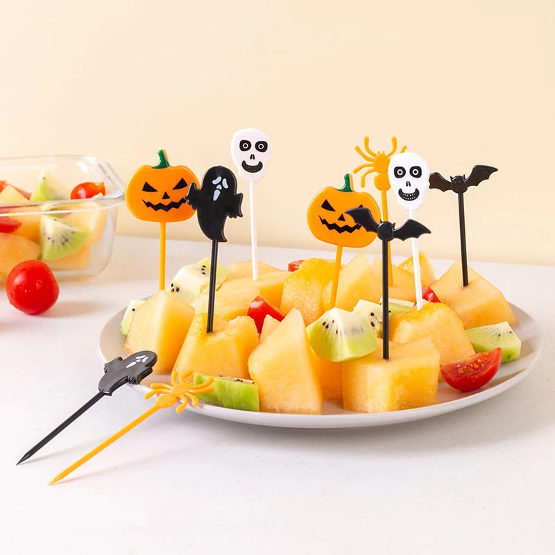 10pcs Halloween Fruit Fork Cartoon Children Cake Dessert Pick Toothpick Lunch Pick Food Fork Bento Party Decoration Random Style