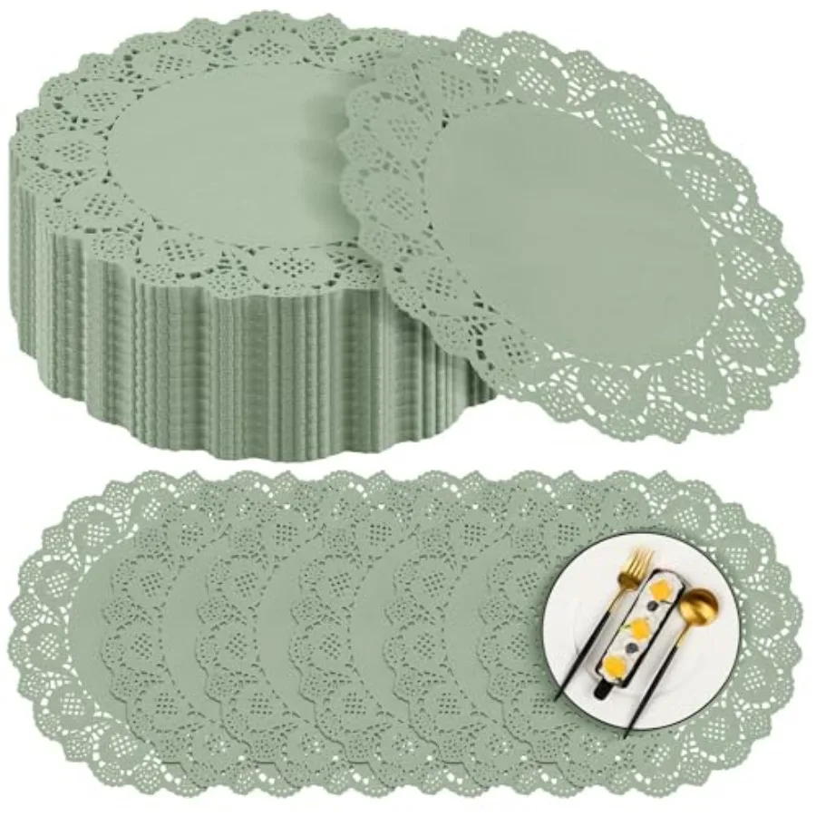 

Набор из 300 круглых бумажных салфеток цвета шалфейной зелени, 13,5 дюймов, кружевные бумажные подставки, одноразовые подставки для еды в деревенском стиле с фестончатым краем