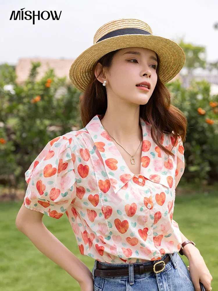 Mishow coreano chique moda feminina blusas elegantes verão francês doce retro floral polo-pescoço mangas puff topos mxb27c0450