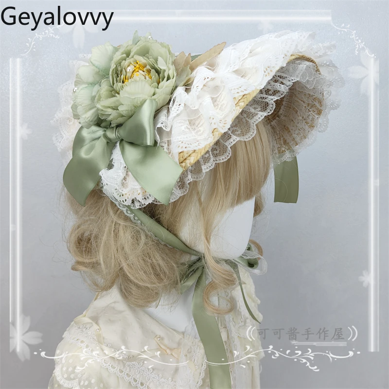 일본 오리지널 로리타 목가적 인 꽃 플랫 모자 달콤하고 귀여운 소녀 다목적 모자 레이스 레이스 업 바이저 밀짚 모자 액세서리