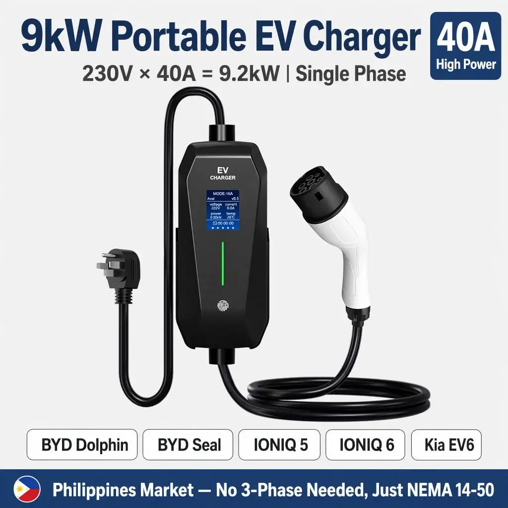 Rainproof Auto-Recovery 40A Overheat Protect TPU Portable Ev Charger Portable Ev Charging Station Ac Ev Charger 9kw Portable