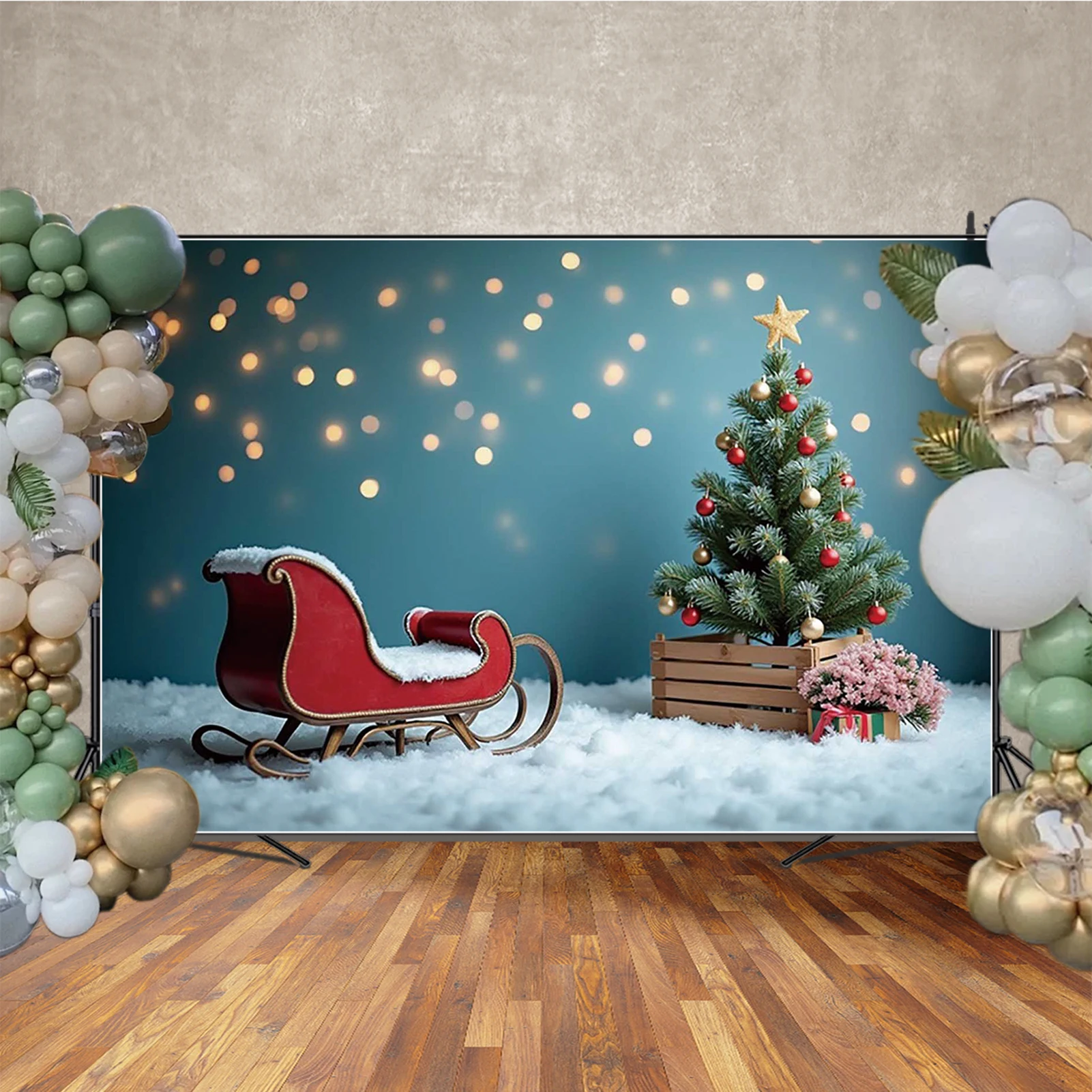 MOON.QG Christmas Interior Back Drop Sleigh Snow Carpet Xmas Trees Backgrounds Party Decorations Shooting Props Photography