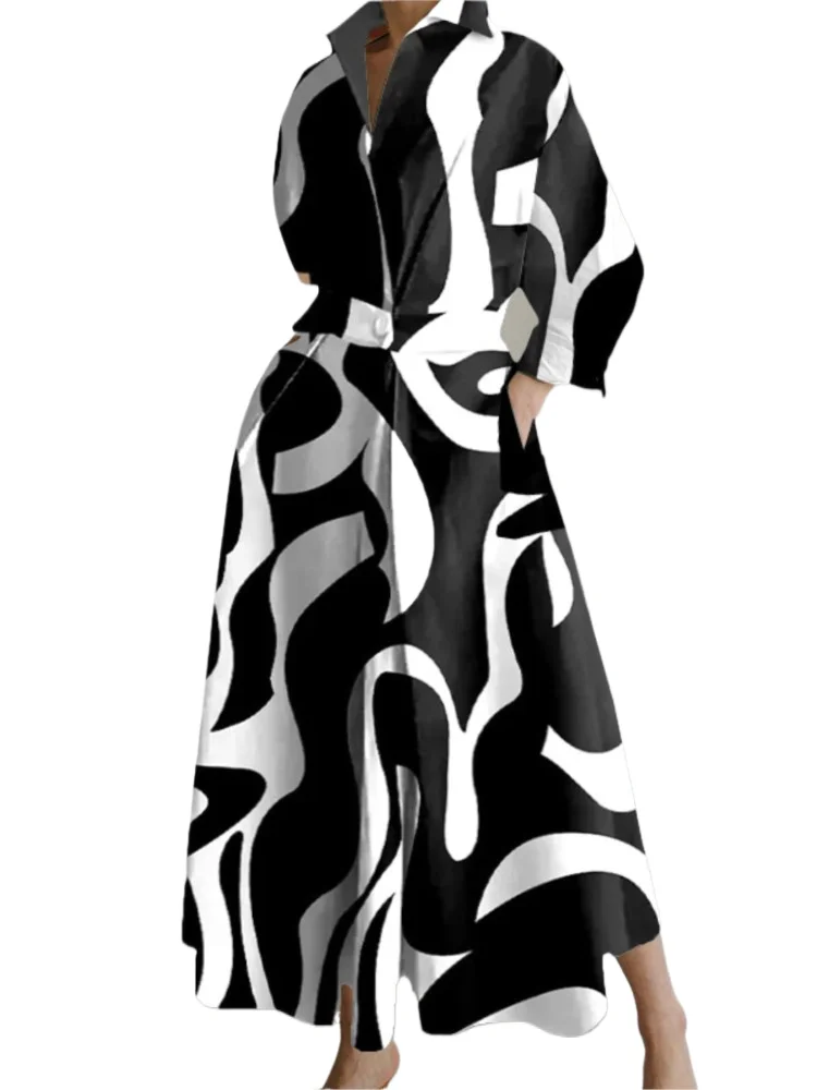 

Spring Autumn New Women's Fashion Nine Sleeve Long Sleeve Sexy V-neck Printed Casual Pocket Long Dress