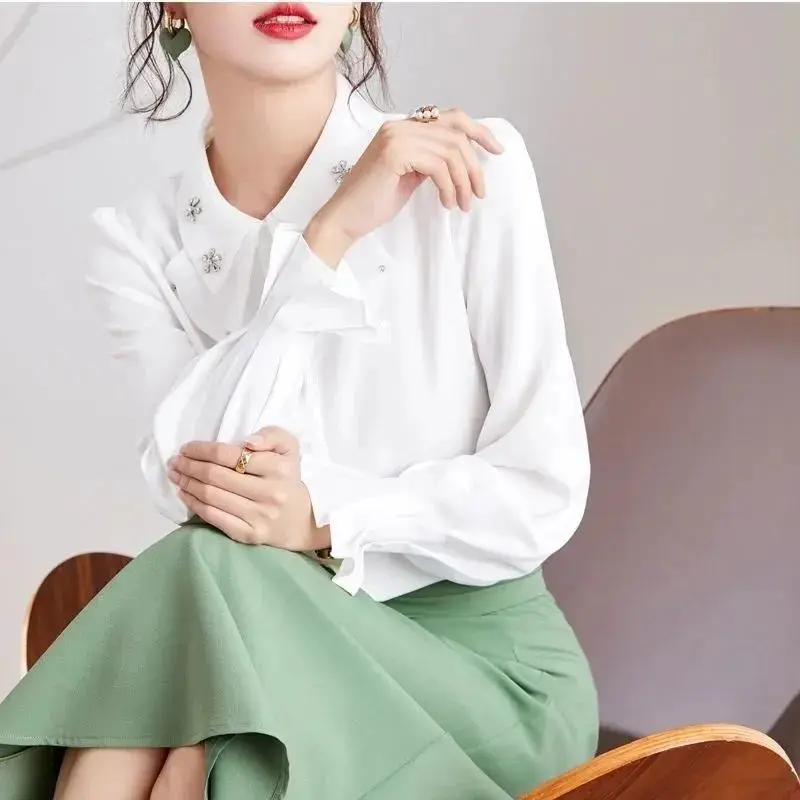 Elegant Solid Color Beading Chiffon Butterfly Sleeve Shirt Women\'s Clothing 2023 Spring New Casual Tops Office Lady Blouse