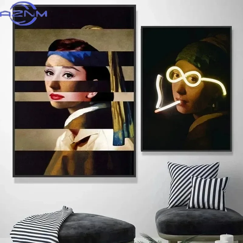 AZNM Girl with Pearl Earrings Creativity Famous Girl Canvas Paintings Posters Prints Wall Art Pictures for Living Room Home Deco