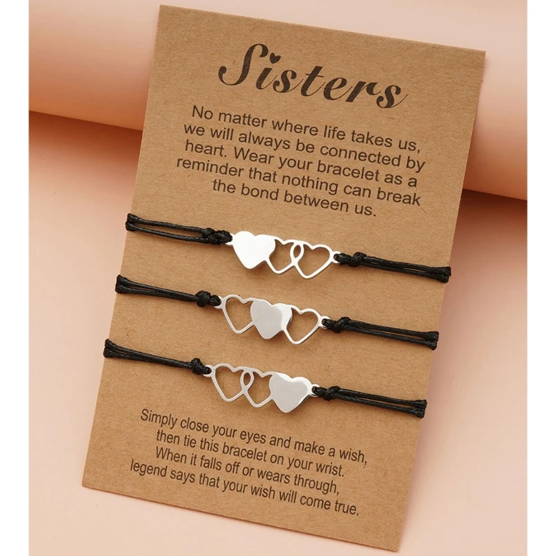 3 Pcs Matching Heart Distance Card Bracelets Three Sisters Stainless Steel Heart Bracelet Jewelry Friendship Bracelet