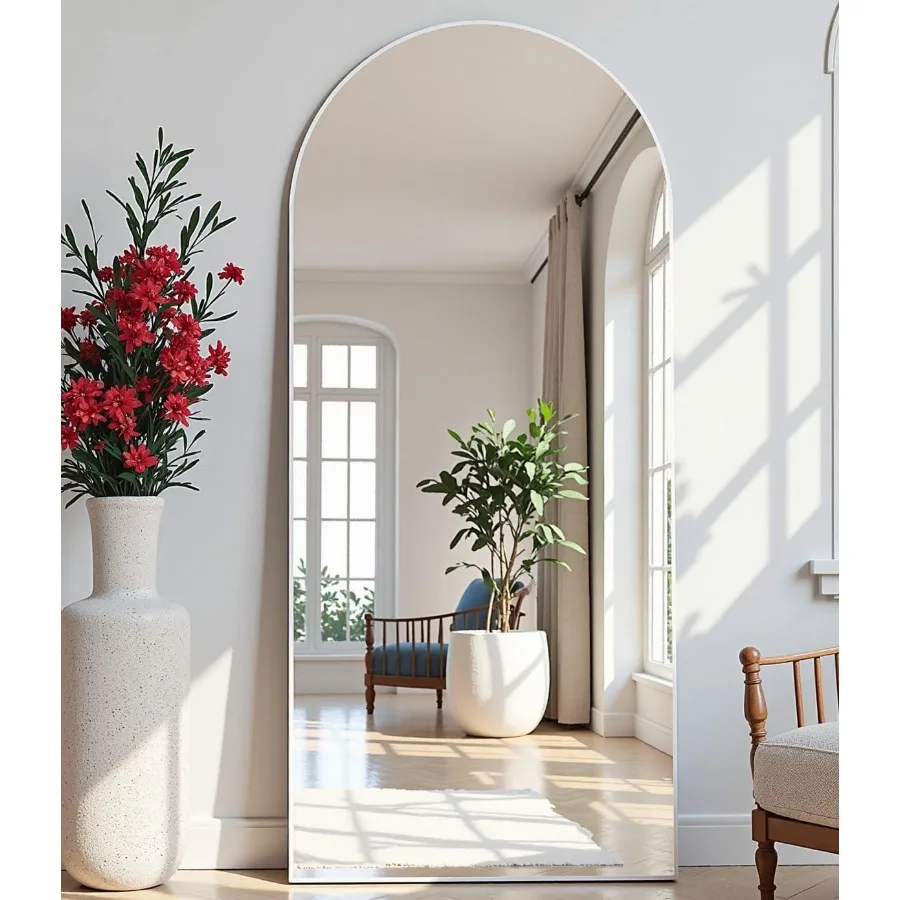 Cermin Lantai Putih Melengkung Ukuran Besar 64X21 dengan Bingkai Paduan Aluminium untuk Berdiri atau Bersandar Ideal untuk Kamar Tidur Li
