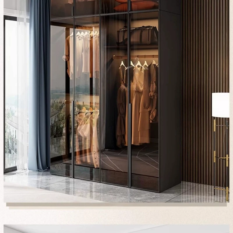 F*-Solid Wood Floor to Ceiling Glass Door Wardrobe, Metal Narrow Frame Tempered Clothes Closet Built-In LED Light