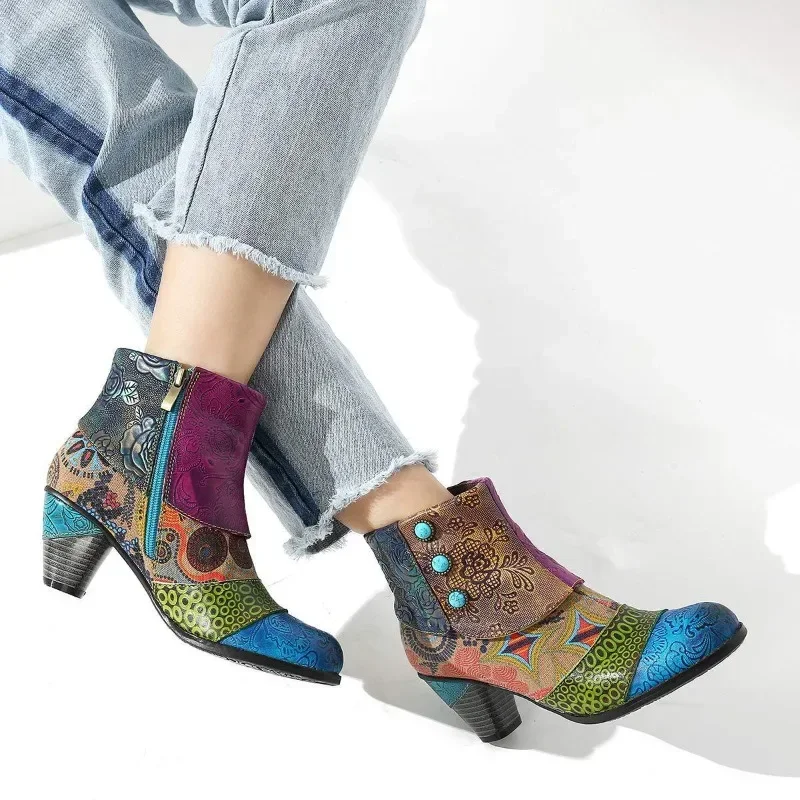 Vintage Splicing Printed Ankle Boots for Women Shoes Female PU Leather Retro Block High Heels Bohemian Ladies Winter Short Boots