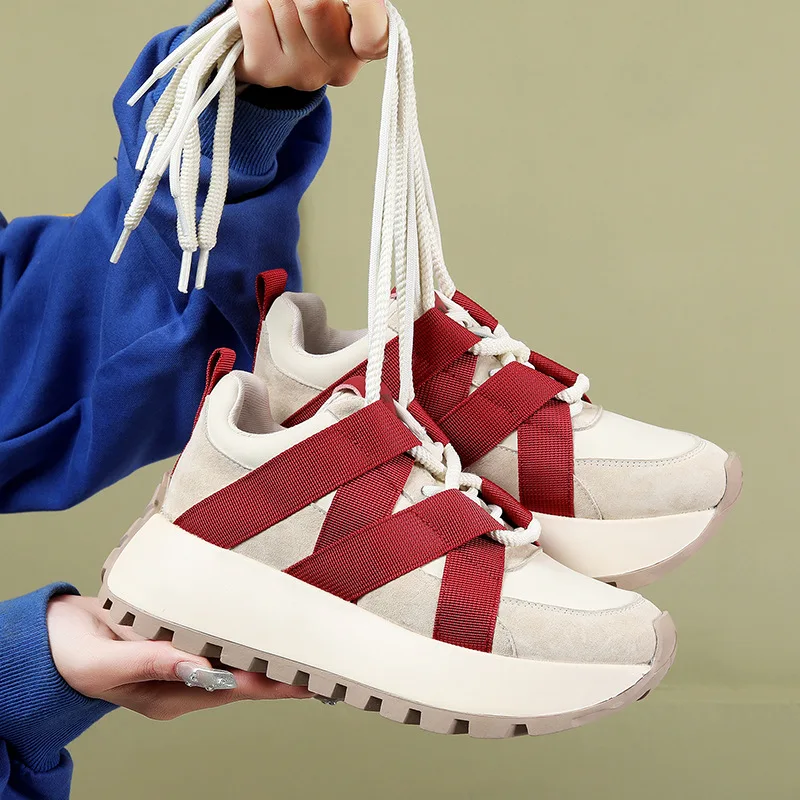 

Spring 2024 Early Genuine Leather Sporty Casual Thick Bottom Popular Dad Shoes FootSlimming Waffle Agan Shoes Low Top Flats