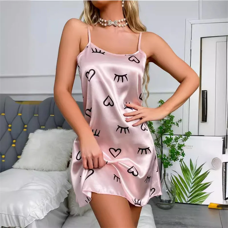 

Women's Summer Thin Breathable Printed Suspender Skirt Sexy Backless Pajamas Imitation Silk Sling Dress Home Casual Sleepwear