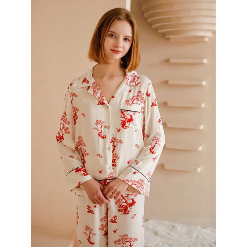 Pijama de satén con estampado de pino rojo para mujer, traje de manga larga de viscosa, ropa de estar por casa cómoda, estilo Retro chino, 2023