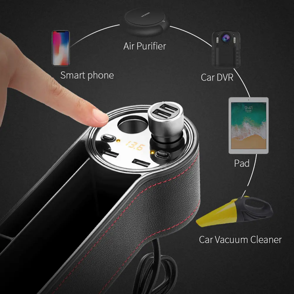 

Car Seat Gap Storage Box Organizer with Dual USB Charging Ports Cigar Lighter Socket Car Battery Voltage Display Black