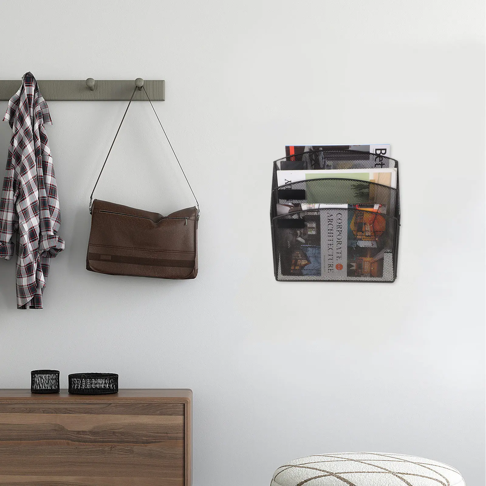 

Heavy Duty Iron Wall Basket Storage Organizer with Label Slots Wall File Holder for Magazines Documents Vertical Space Saving