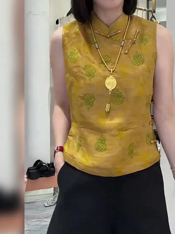 

Новый китайский Sle желтый цветочный принт круглый жилет Ne Svel топ женский модный универсальный летний Новое поступление