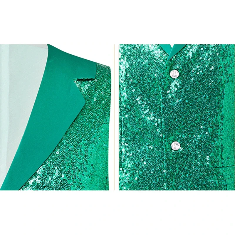 سترة بدلة رجالية خضراء، سترات برقبة على شكل حرف V واحدة الصدر، صدرية مزينة بالترتر اللامع، مناسبة للمضيف/المغني/المرحلة/الحفلة #3