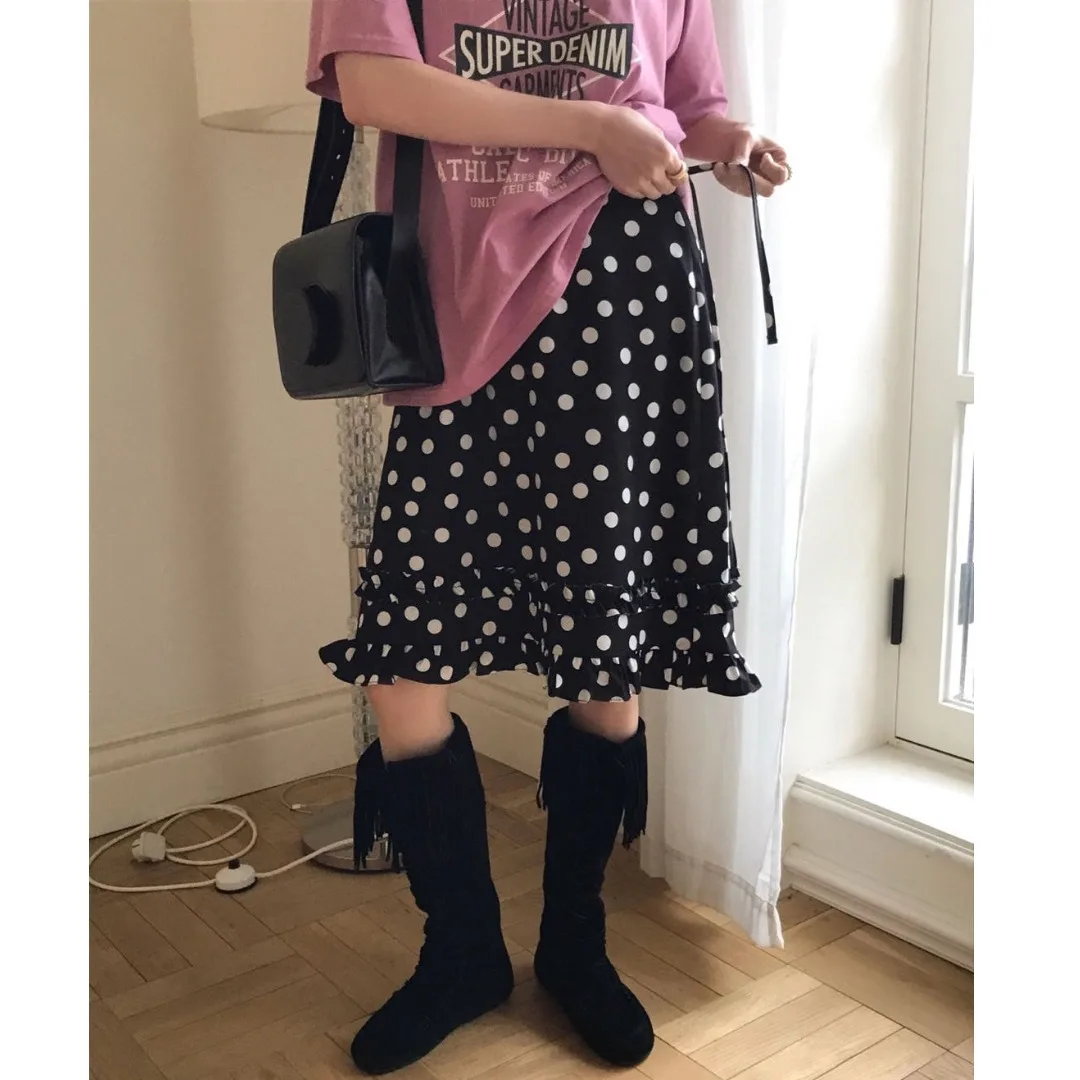 

Женская полуюбка, ранняя осень, новинка, ретро, кружевной галстук-бабочка в горошек, антивозрастные юбки с высокой талией, Ci Commute