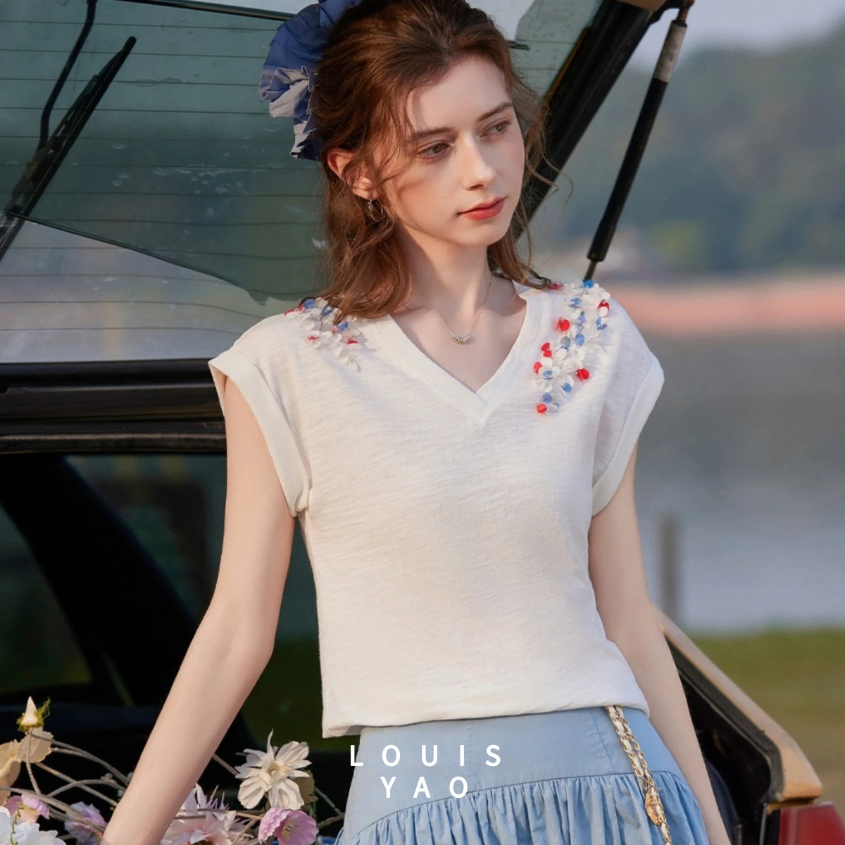 

LOUISYAO 2026 Spring Summer Cotton Women's T-Shirt Sequin Short Sleeve Raglan Regular Fit Slight Stretch Minimalist Sweet Top