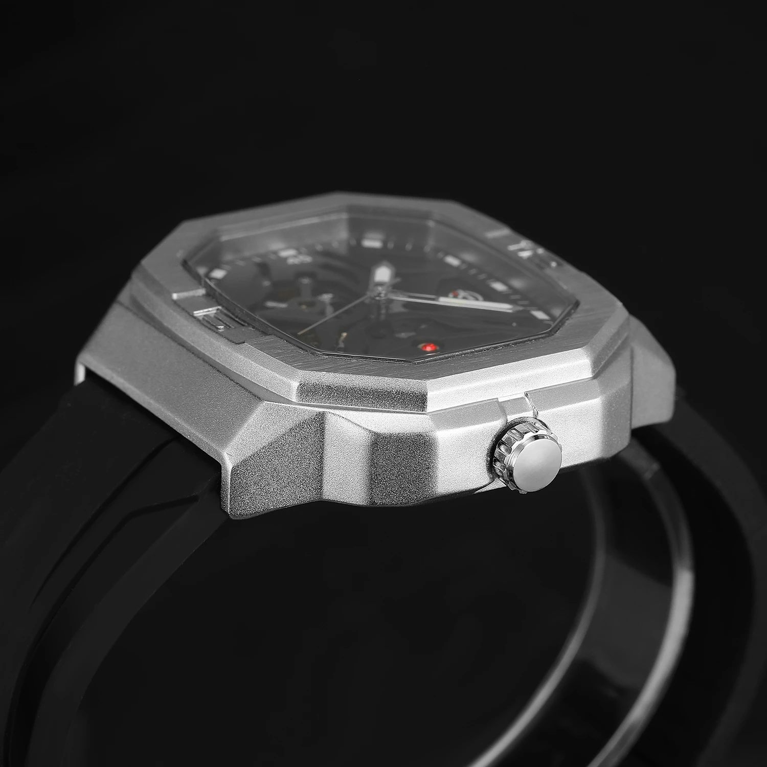 FORSINING Designer Luxury Man นาฬิกา Square Steel Skeleton Mechanical การเคลื่อนไหวอัตโนมัติ Clockwork สายยางกันน้ําชาย