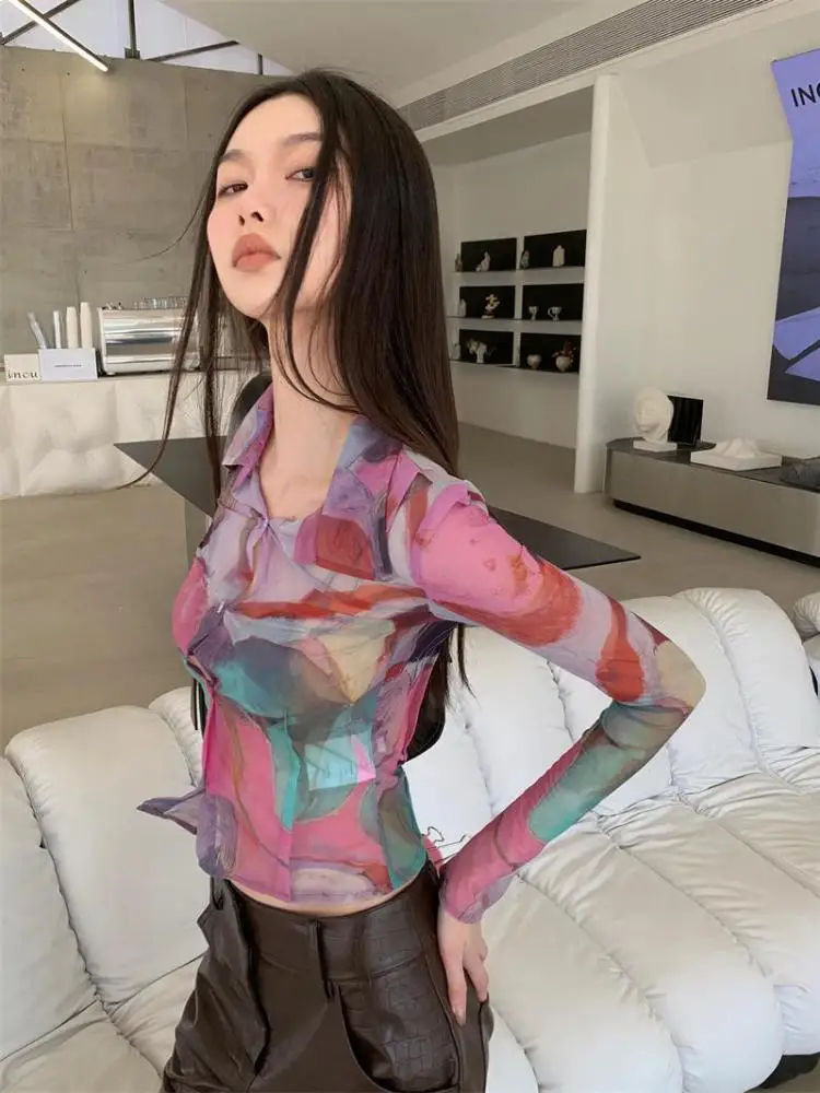 Yedinas Print Shirt Women Long Sleeve Crop Top See Through Button Up Blouse Women Thin Mesh Tops Spring Summer Y2k Shirts 2023