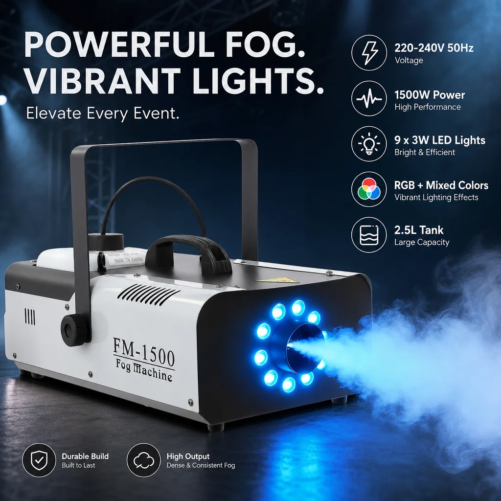 1500W Nebelmaschine mit 9x3W LED RGB+Mischfarben, DMX512 & Kabelloser Fernbedienung, 2,5L Großer Tank, 18000-25000 CFM, Professionelle Hochleistungs-Tragbare Bühnen-Rauchmaschine für DJ-Partys, Clubs,