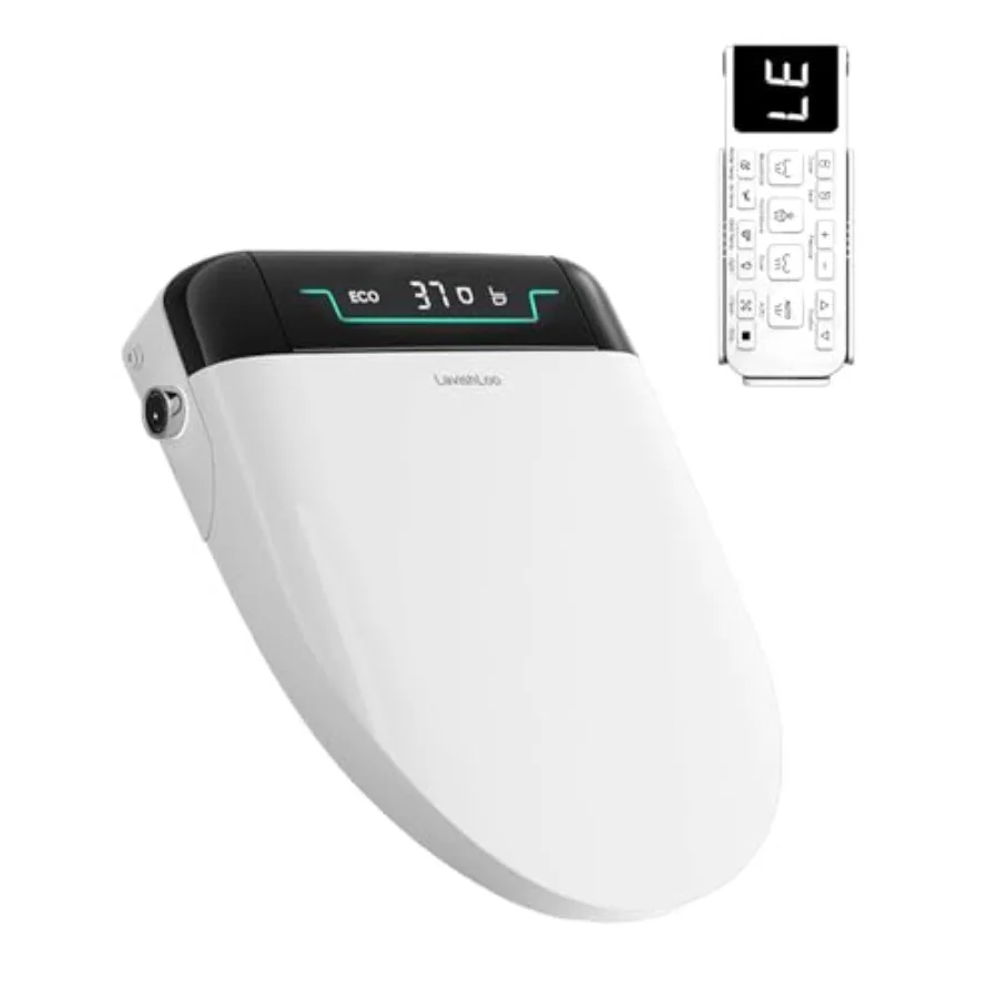 Electronic bidet toilet seat for home bathroom use, ABS plastic material, white color, heated seat and warm air dryer with adju