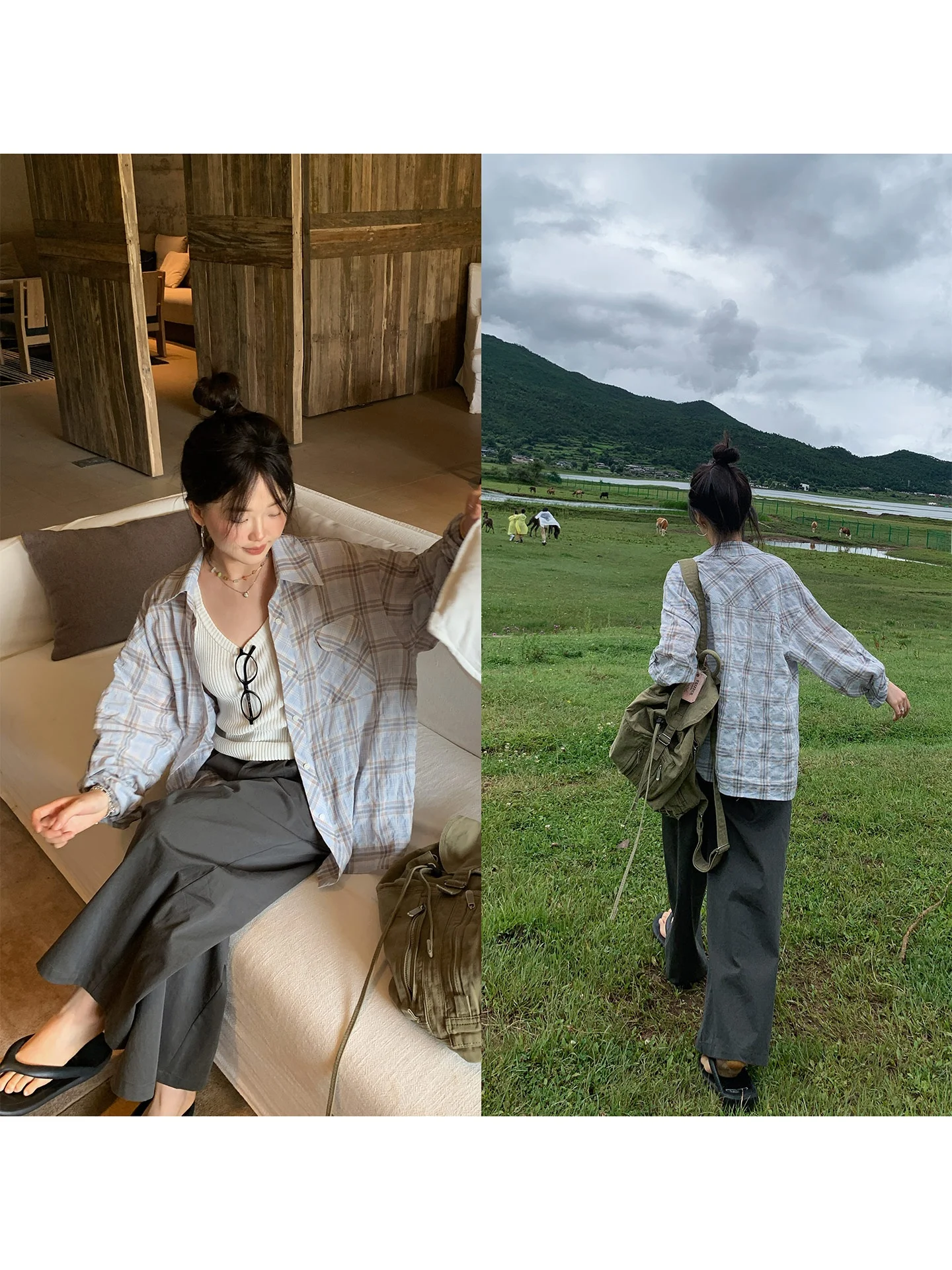 

Свободная женская рубашка в клетку с длинным рукавом, удобная, винтажная, из смесового хлопка, на пуговицах, повседневная, для осени