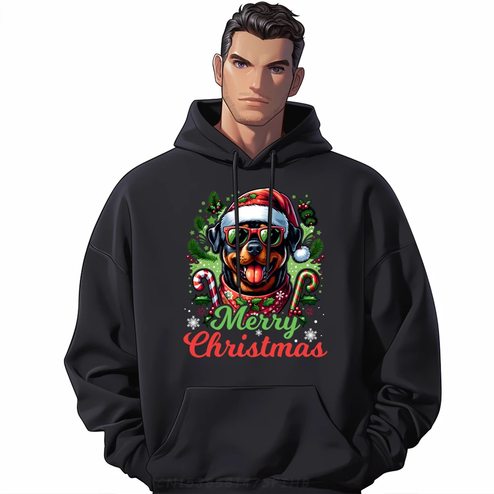 Festive Rottweiler Santa Hat Cheerful Christmas Dog Xmas Shirts Men Graphic Hoodies Homme