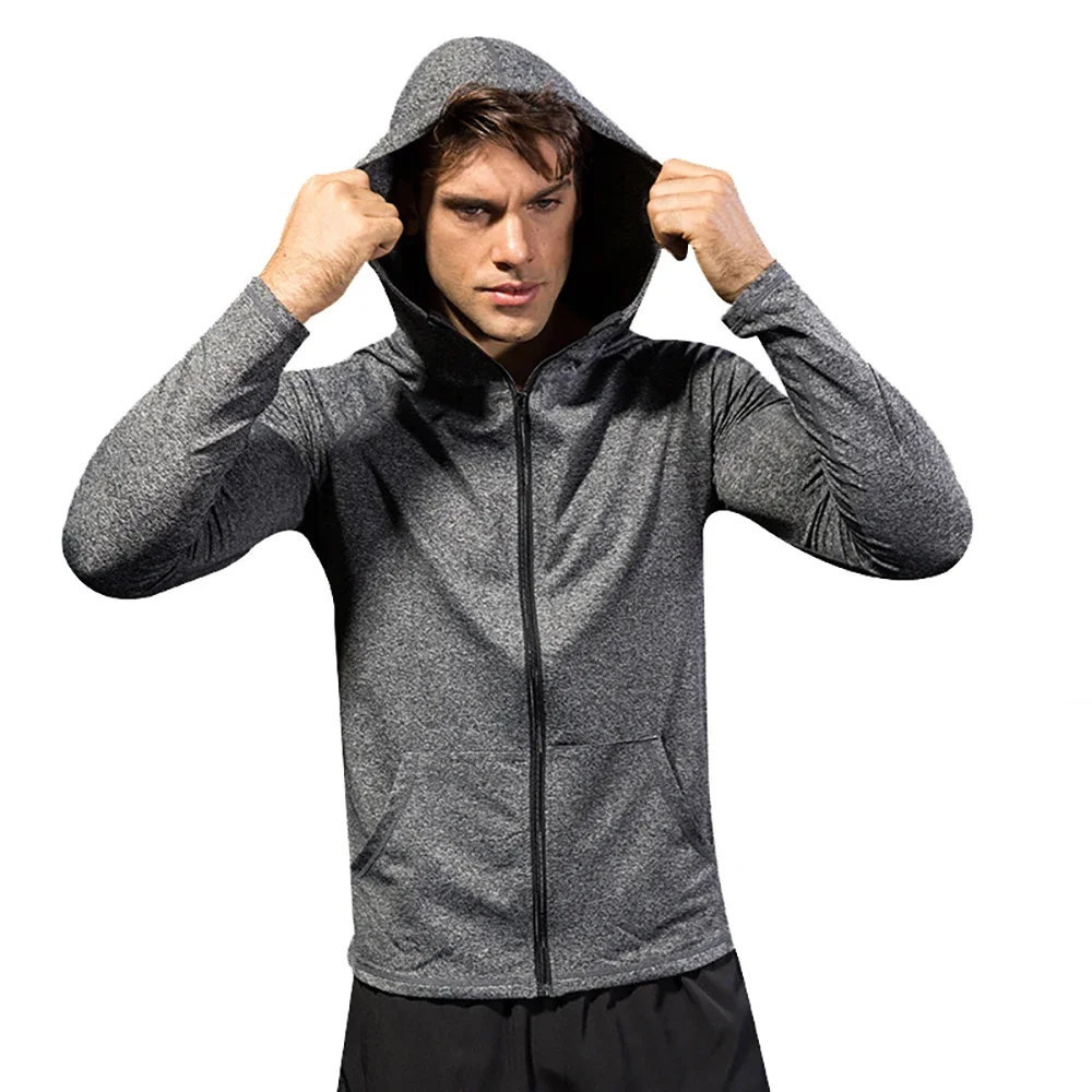 

Men Sports Jacket Zipper Hoodies Running Gym Fitness Jogging Training Dry Fit Hooded Sweatshirt Windbreaker Rash Guard MMA