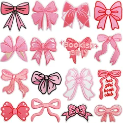 10 Pcs Pink Bows Embroidered Patches Iron On Clothing Hat Bag Shoe Repair Material Phone Gift Box Decor DIY Accessory