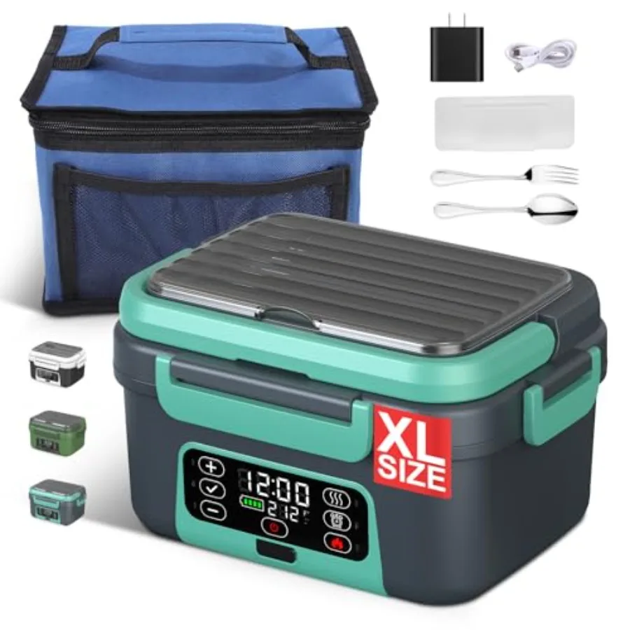 

Electric Heated Lunch Box for car travel and office use, BPA-free plastic, lake green, 1.5L ccity with removable divider, spoon