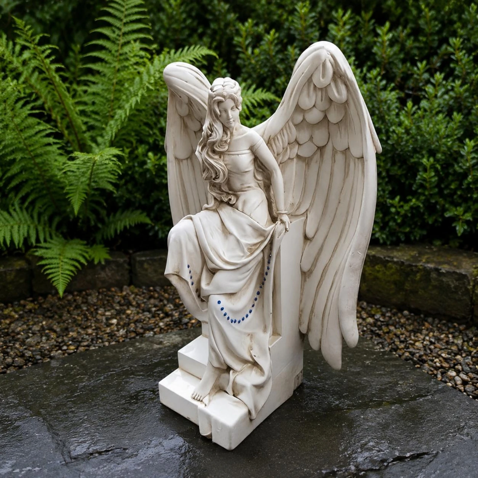 Seated Angel Figurine Feathered Wings White Angel Statue Home Decor Draped Robe Decorative Object Antique Design for Outdoor