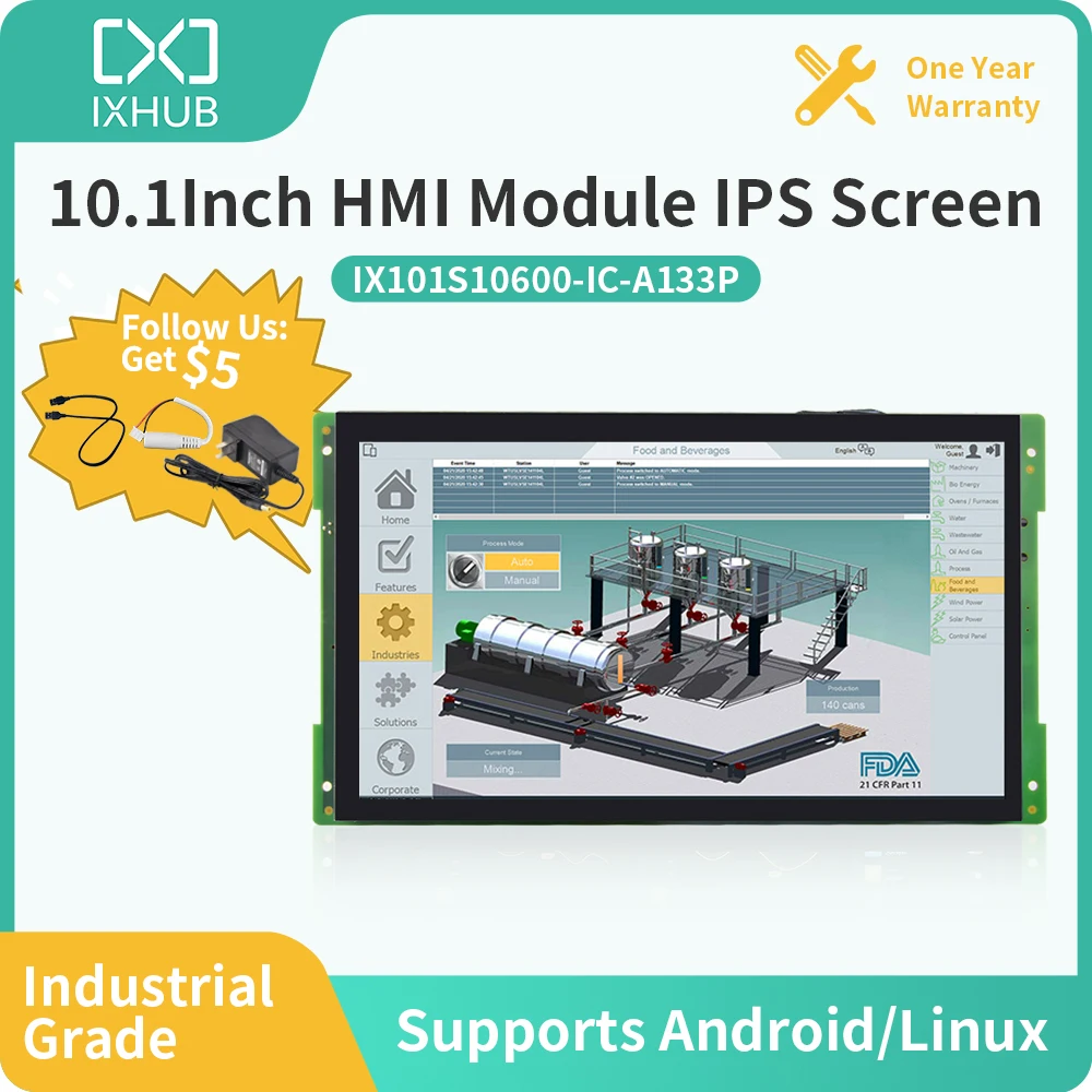 

IXHUB 10.1Inch 300/500nit 1024x600 HDMI Indusdtrial Capacitive Touch Panel IPS Screen Support Raspberry/Linux/Android