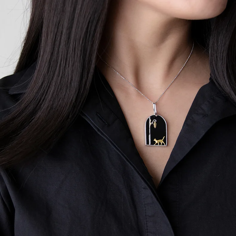 Miracle Sterling Silver 925 Original Design Wanderer's Journey Inlaid Onyx Black Stray Cat Necklace Chain For Women