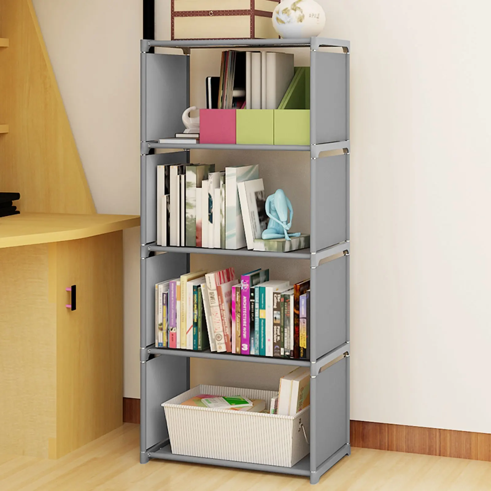 4-Tier Bookcase Grey Bookshelf Storage Rack Bedroom Book Shelf Organizer Bookcase Wall Shelf Book Rack Durable Display Stand