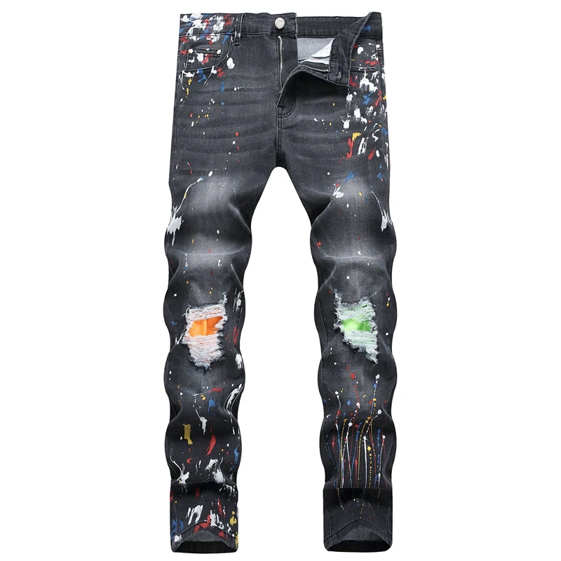 

Spring New Street Trend Men's Jeans Ripped Stick Cloth Mid-Waist Black Casual Pants Fashion Dump Paint Hip Hop Biker Trousers