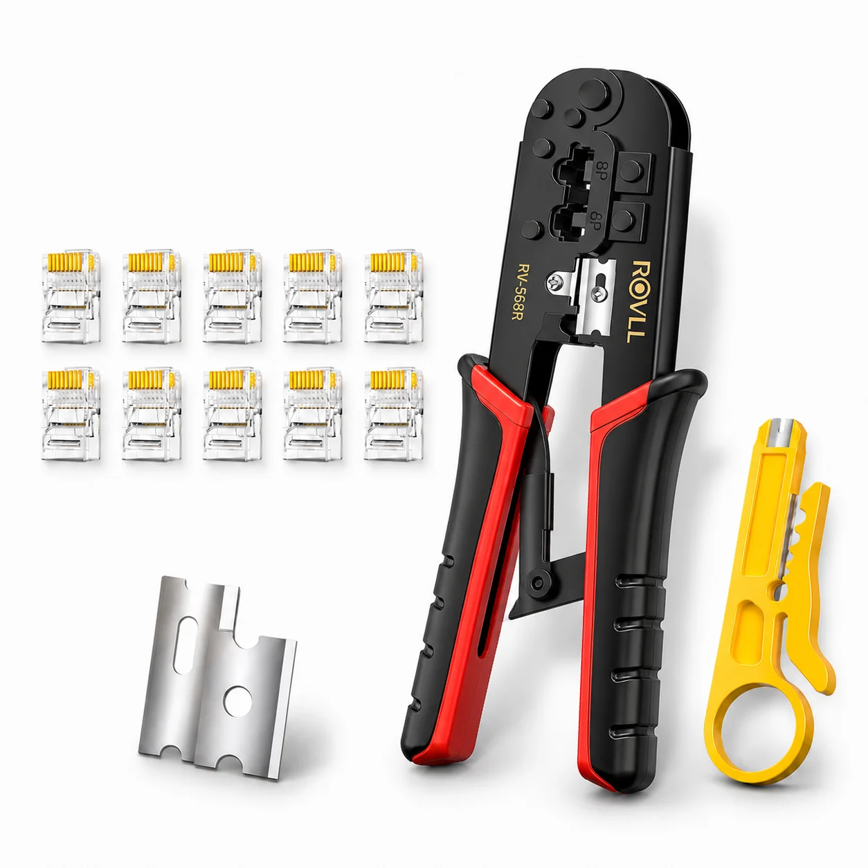 ROVLL RJ45 Crimping Tool Cat6 Cat5e Network Cable Crimper Plier with RJ11 RJ12 8P8C Connectors Wire Stripper Cutter Set