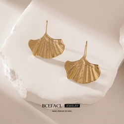 BCEFACL 316L Stainless Steel Gold Color Ginkgo Leaf Drop Earrings For Women Girl Fashion Waterproof  Ear Hook Jewelry Gift