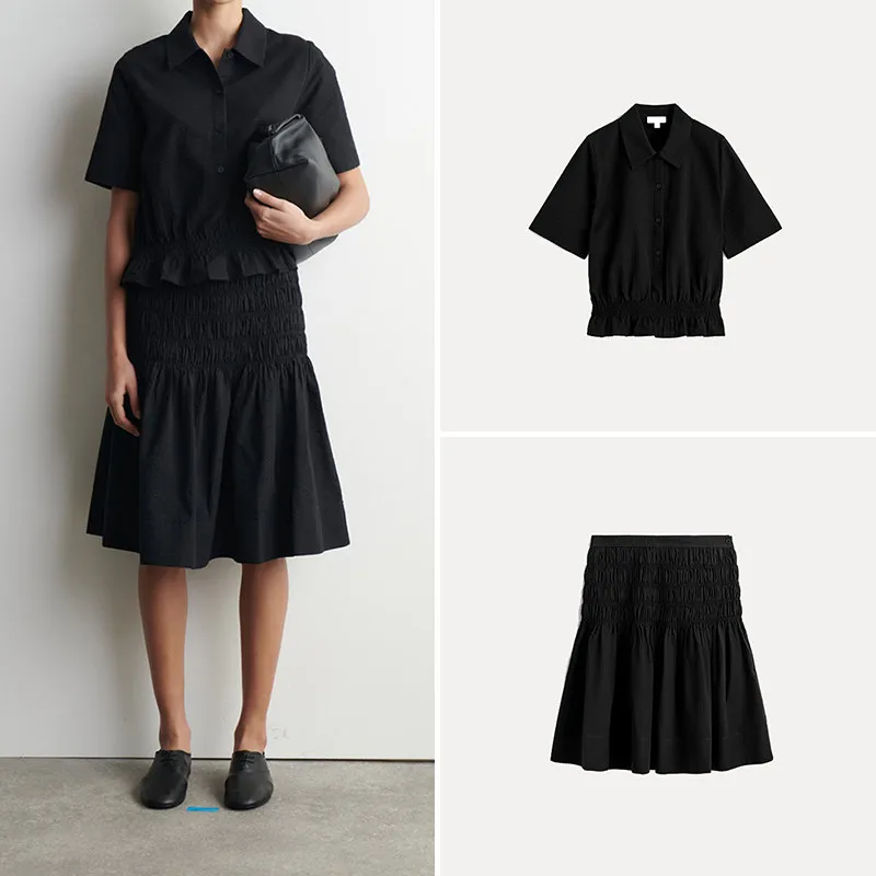 

Black A-Line Skirt And Short Sleeve Shirt Women's Fashion Set Summer Collection Turn-down Collar Waist-cinched Design