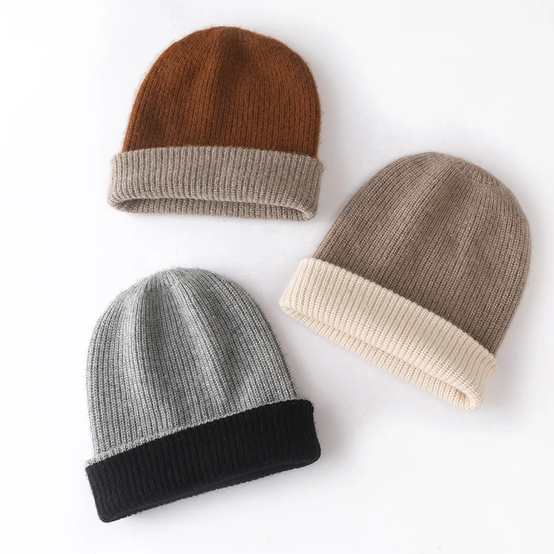 100% Cashmere Double Layer Beanie Hat Double Sided Knit Warm Winter Two Tone Reversible Multi Color Versatile Headwear Cap