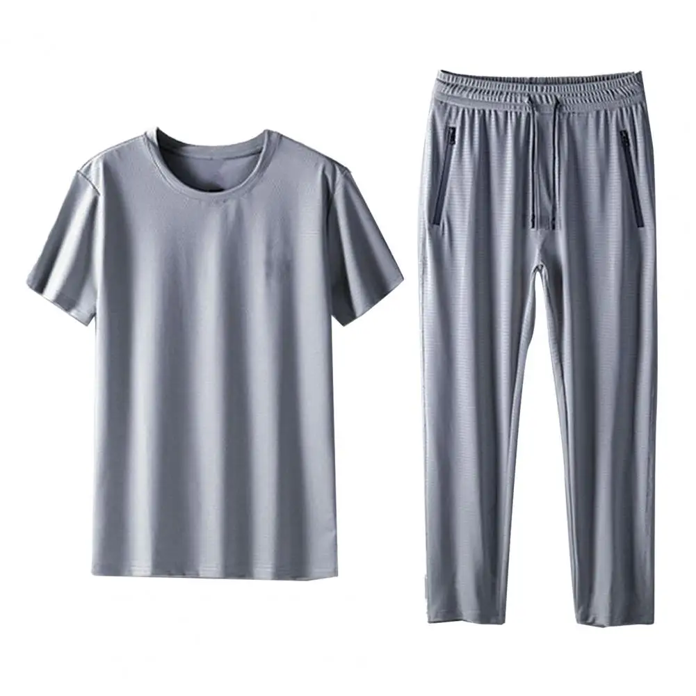 Comfortable Men Top Pants Set Men Round Neck Suit Set Men's Casual Sport Outfit Set with O-neck T-shirt Elastic Drawstring Waist