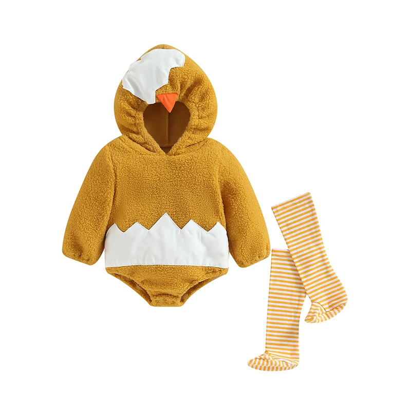 

Newborn Baby Girls Boys Hoodies Rompers Chick Shape Hooded Long Sleeve Infant Jumpsuits Fall Clothes with Stripe Stockings