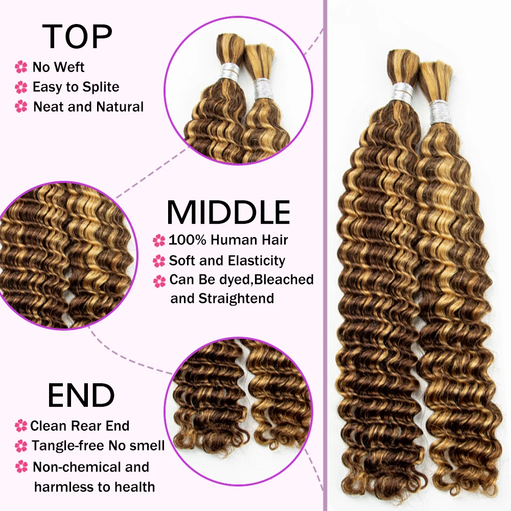 Highlight Ombre Bulk for Braiding Hair 100% Human Hair No Weft Deep Wave Boho Braids Extension Bundle Brazilian Virgin Hair Bulk