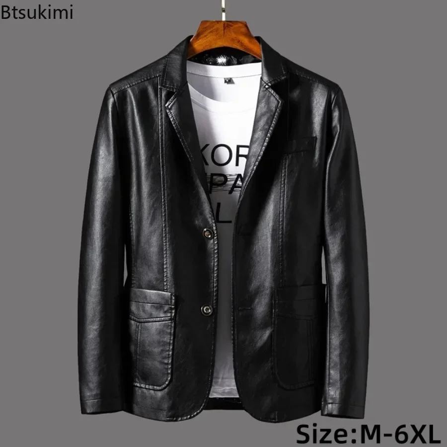 

2025 New Leather Jacket Men's Business Casual Lapel PU Leather Blazers Fashion Solid Slim Korean Style Leather Coat Big Size 6XL