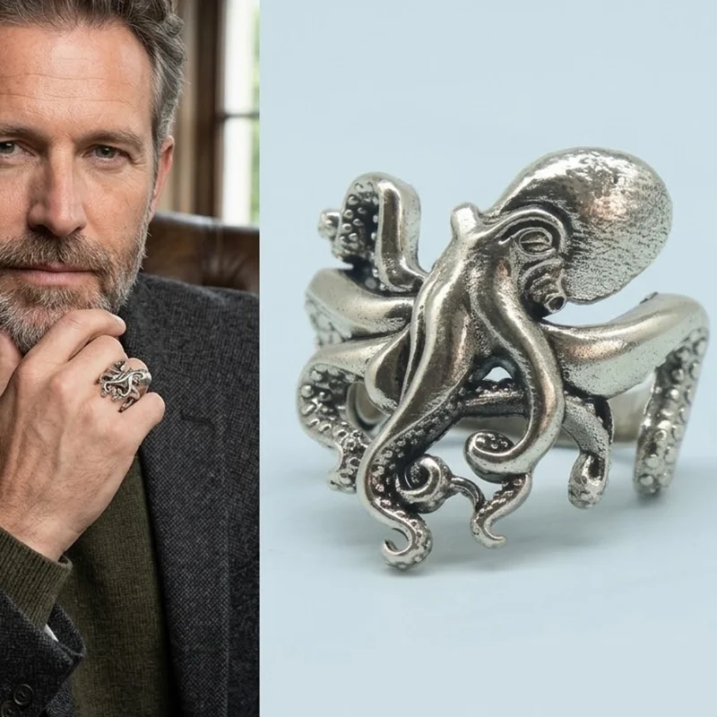 Buy 3 Get 1 Free SheCrown Gothic pact—wearing the Kraken’s shadowed power as a silent, deep-sea proverb Mens Silver plated Rings