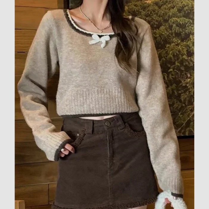 Fashion korean long Sleeve square collar bow Casual solid Knitted Shirt Autumn Winter Knitwear Crop Tops Women Pullover Sweaters