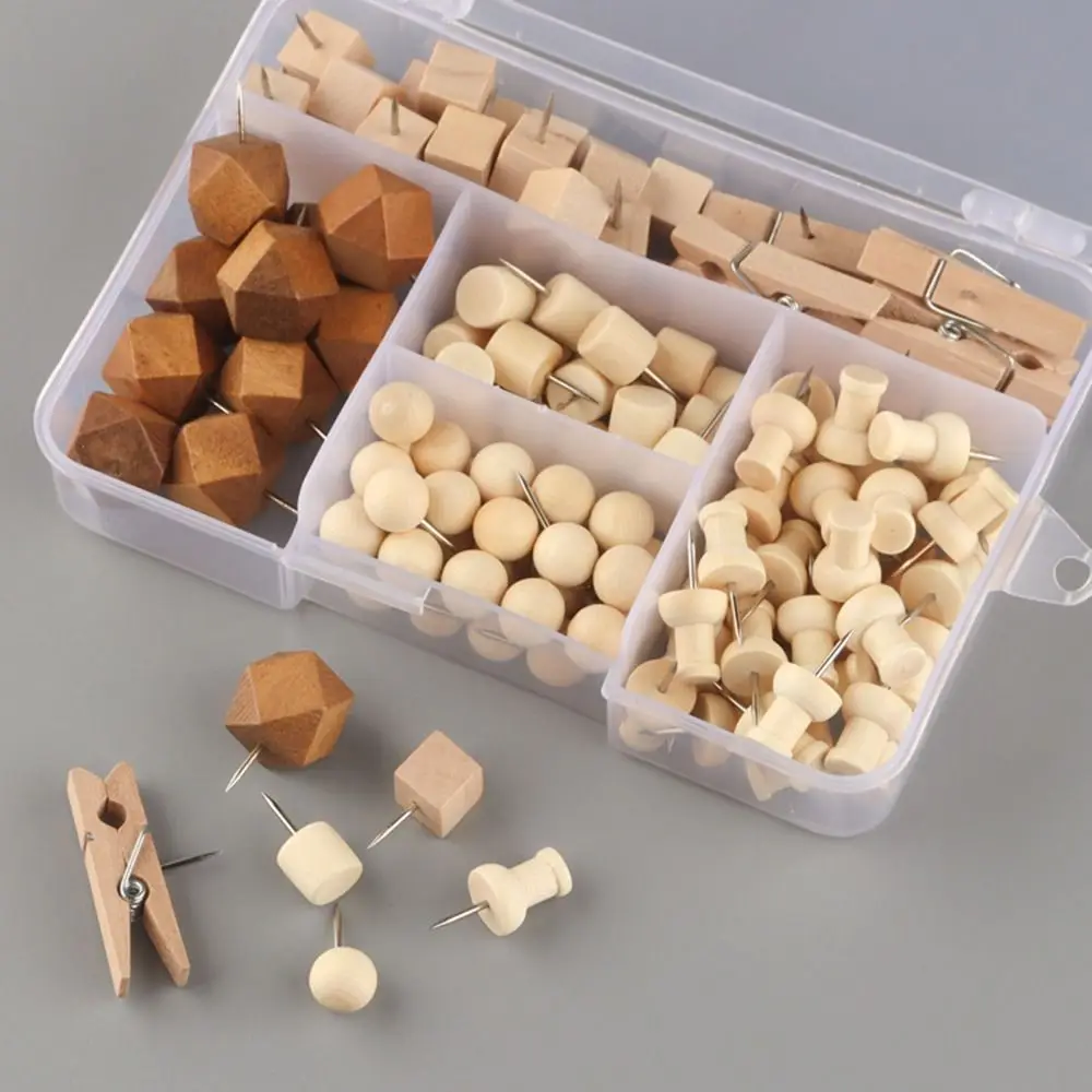 

128Pcs INS Creative Wooden Push Pins DIY Reusable Blackboard Push Pins with Box 3D Decorative Studs Office School Supplies