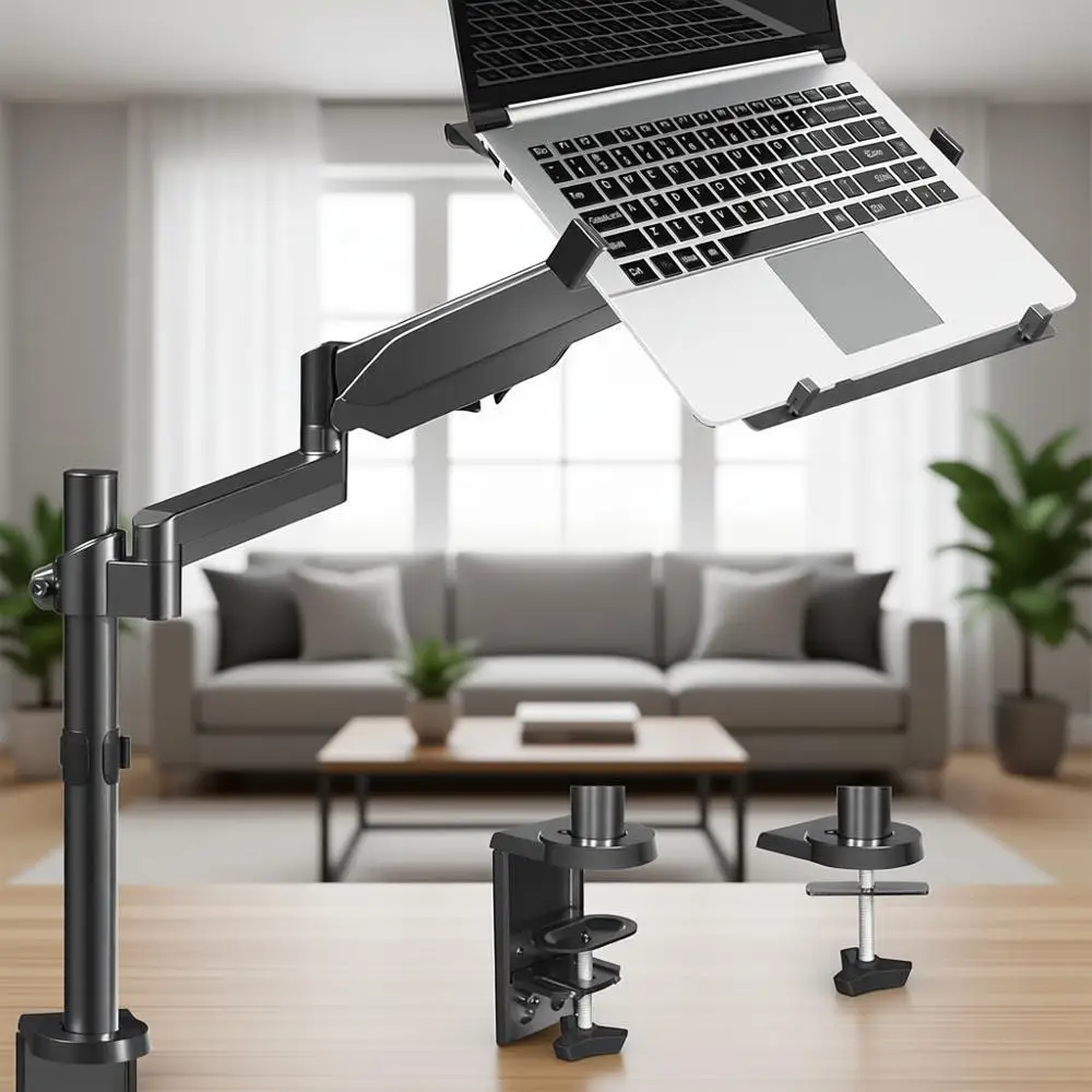 Adjustable Laptop Stand, 10-15.6 Screen, Single Arm Desk Mount, VESA Compatible, Clamp or Grommet Base, Black