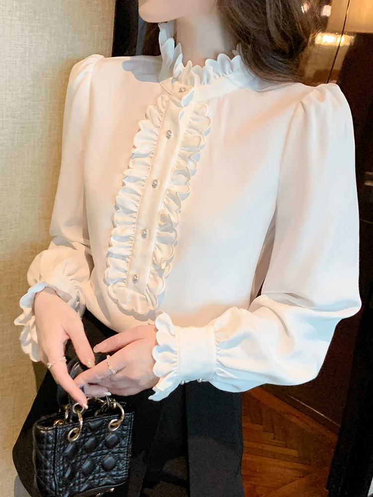 Chic Ruffles Collar Long Sleeve White Shirts Women Puff Sleeve Loose Casual Tops Office Ladies Blouse Spring Autumn Tops Shirts